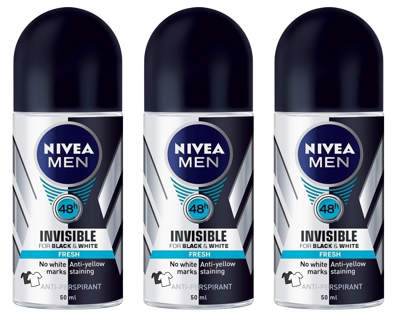 NIVEA Invisible for Black & White roll-on in three-pack display offering stain-free confidence.