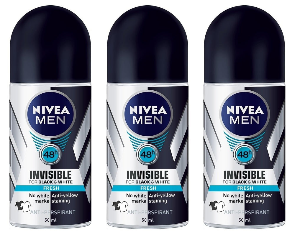 NIVEA Invisible for Black & White roll-on in three-pack display offering stain-free confidence.
