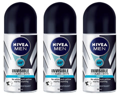 NIVEA Invisible for Black & White roll-on in three-pack display offering stain-free confidence.