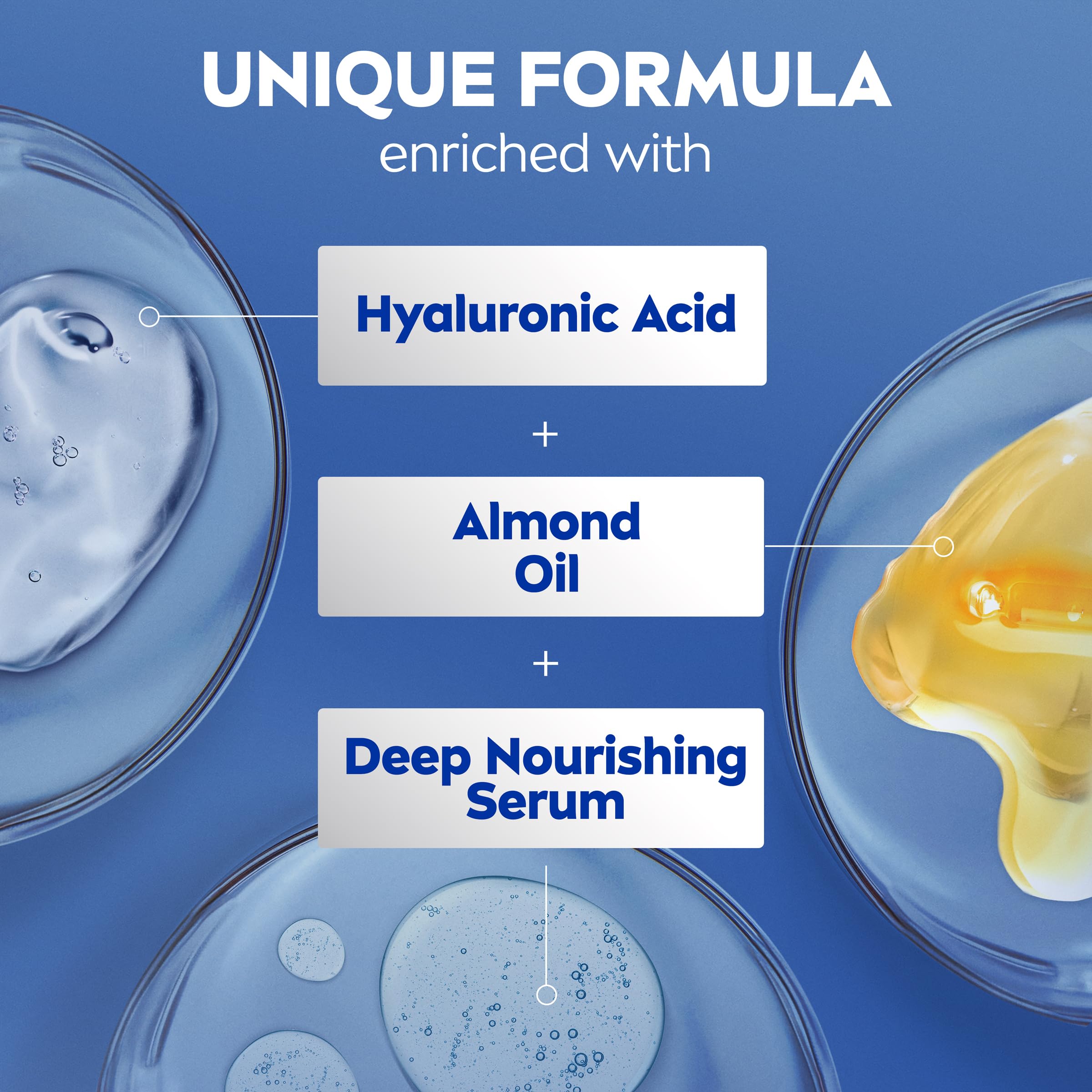 NIVEA label close-up listing hyaluronic acid and almond oil for nourishment