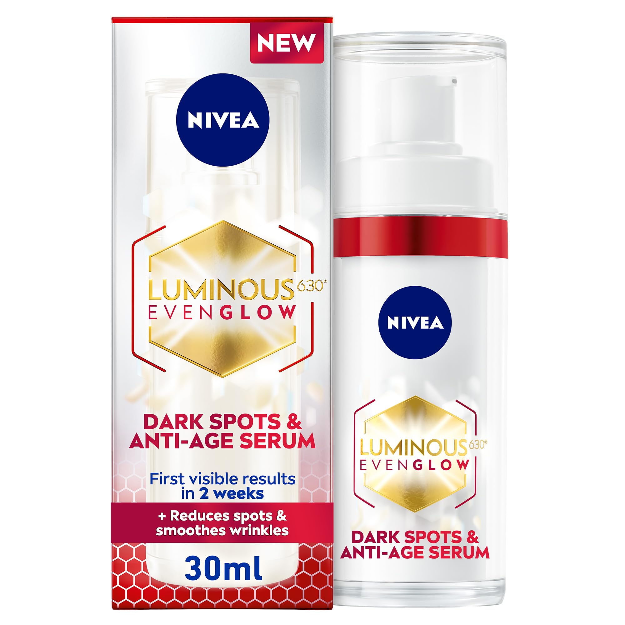 NIVEA Luminous 630 Spot Serum AA bottle closeup highlighting brightening formula for even skin tone