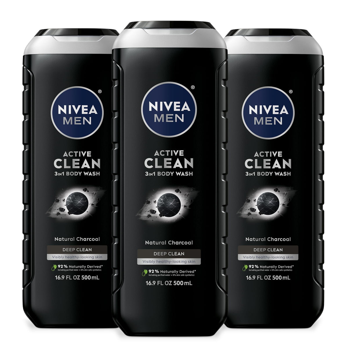 NIVEA MEN Active Clean Charcoal bottle front promotes the long-lasting scent.