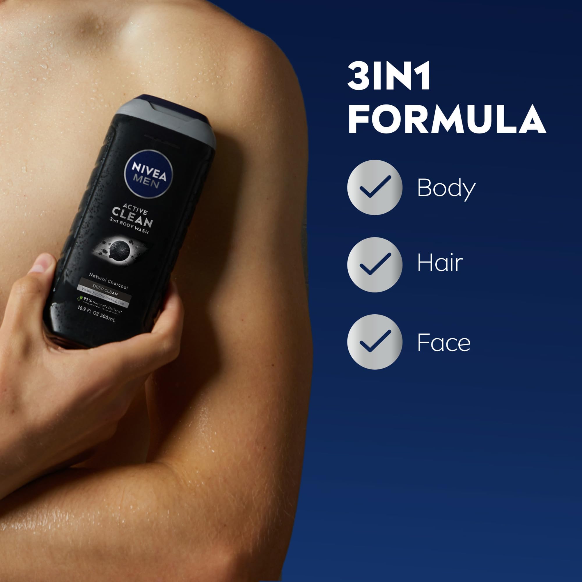 NIVEA MEN Active Clean Charcoal bottle pour shows rich, purifying cleansing.