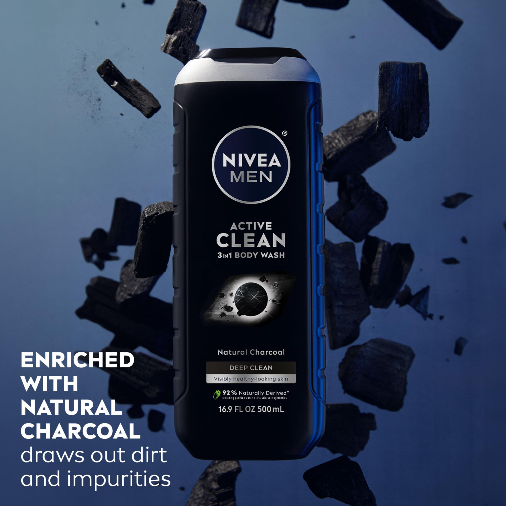 NIVEA MEN Active Clean Charcoal close-up highlights purifying charcoal cleanse.