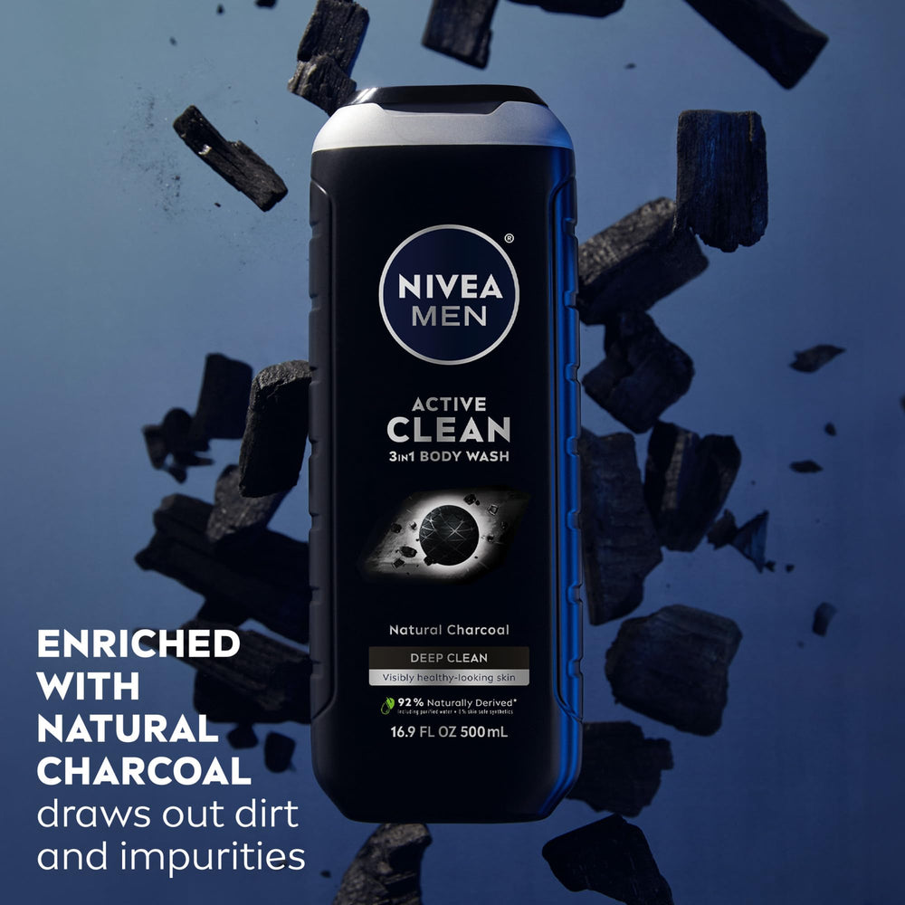 NIVEA MEN Active Clean Charcoal close-up highlights purifying charcoal cleanse.