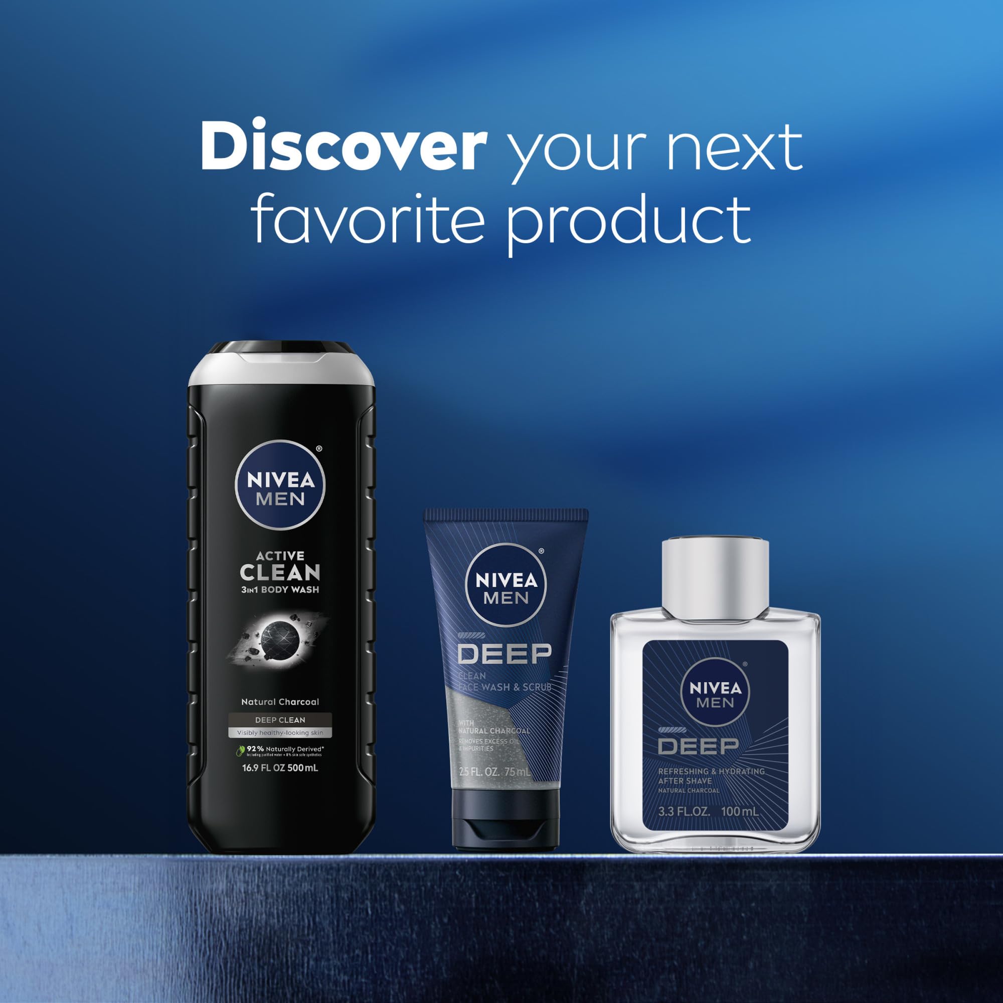 NIVEA MEN Active Clean Charcoal packaging highlights recycled plastic bottle.