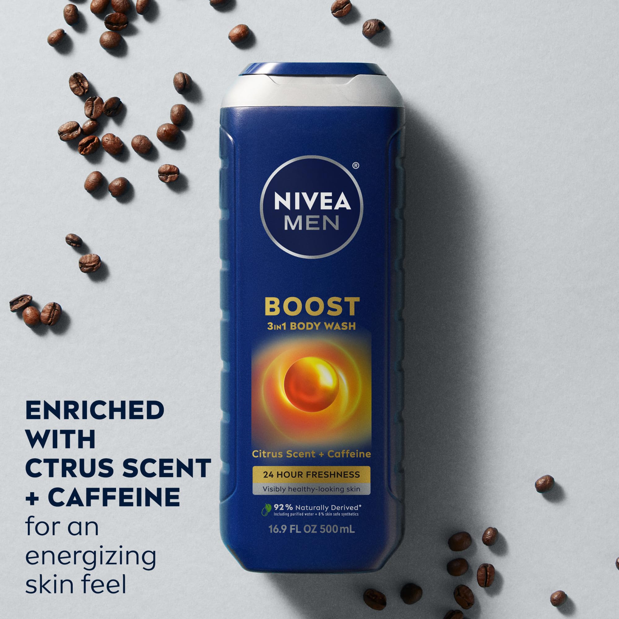 NIVEA MEN Boost bottle pump shot shows easy 3-in-1 use.