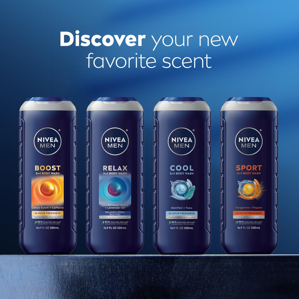 NIVEA MEN Boost paraben-free label signals gentler daily cleansing.