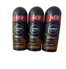3-pack of NIVEA Men Deodorant Dimension bottles with dark wood espresso scent for all-day freshness.