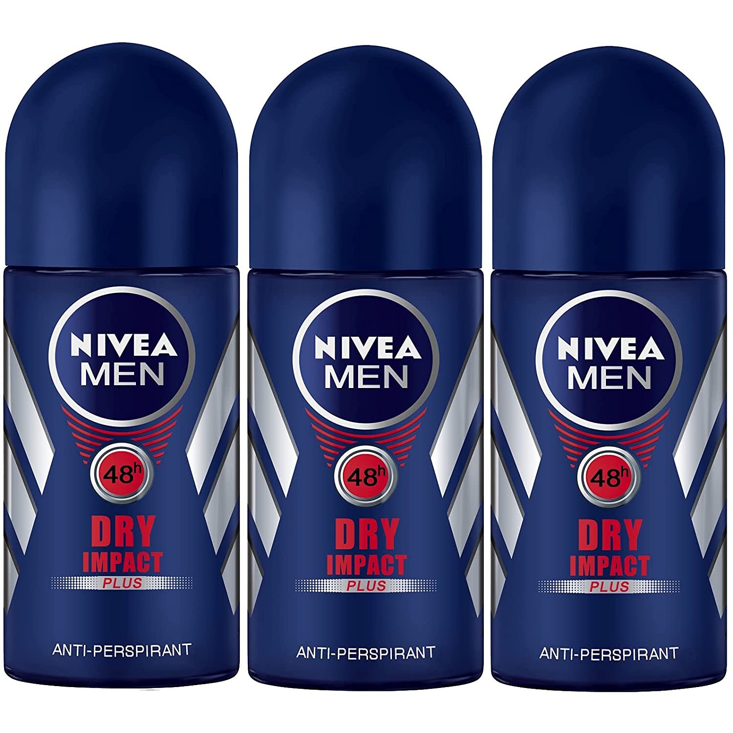 NIVEA Men Dry Impact Roll-On pack front showing 3x 50ml bottles for daily freshness.