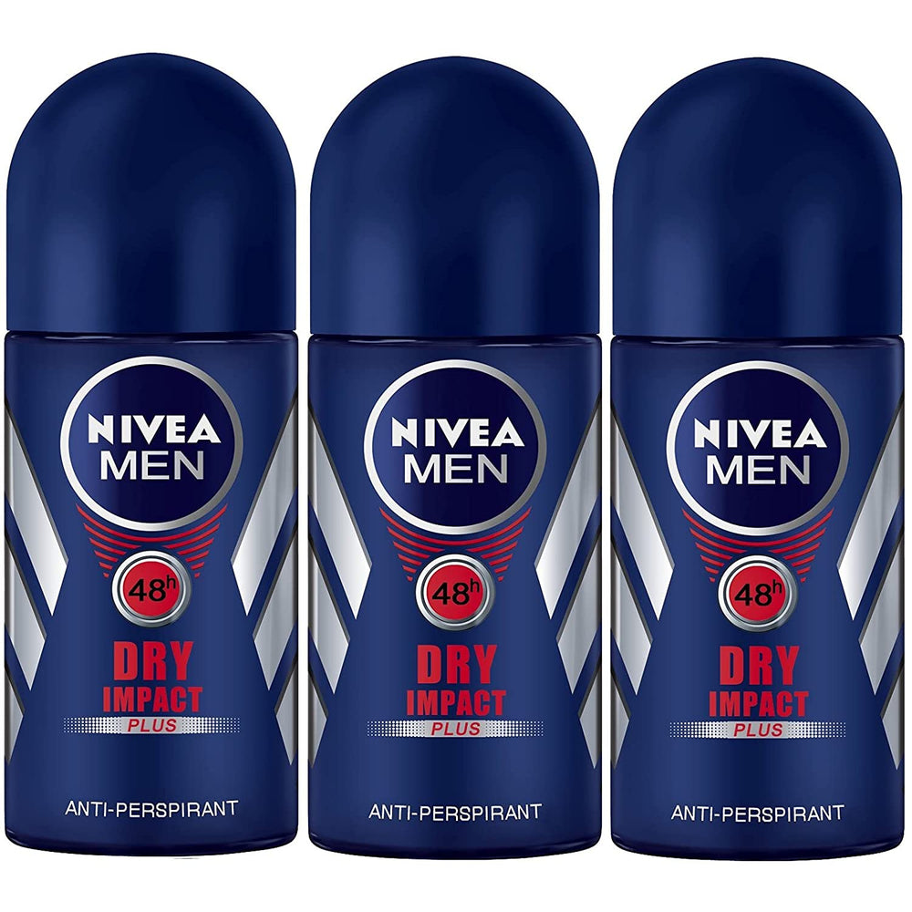 NIVEA Men Dry Impact Roll-On pack front showing 3x 50ml bottles for daily freshness.