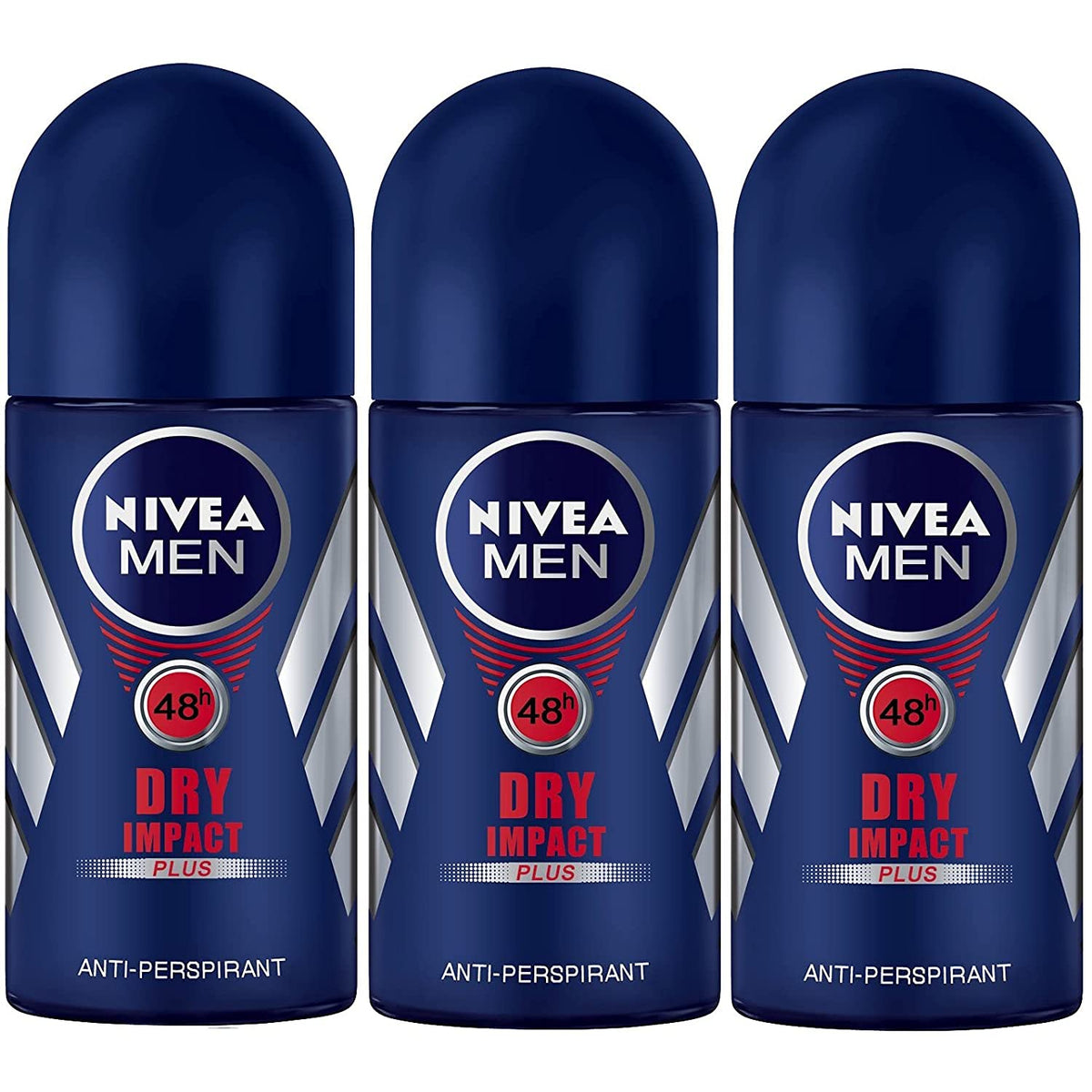 NIVEA Men Dry Impact Roll-On pack front showing 3x 50ml bottles for daily freshness.