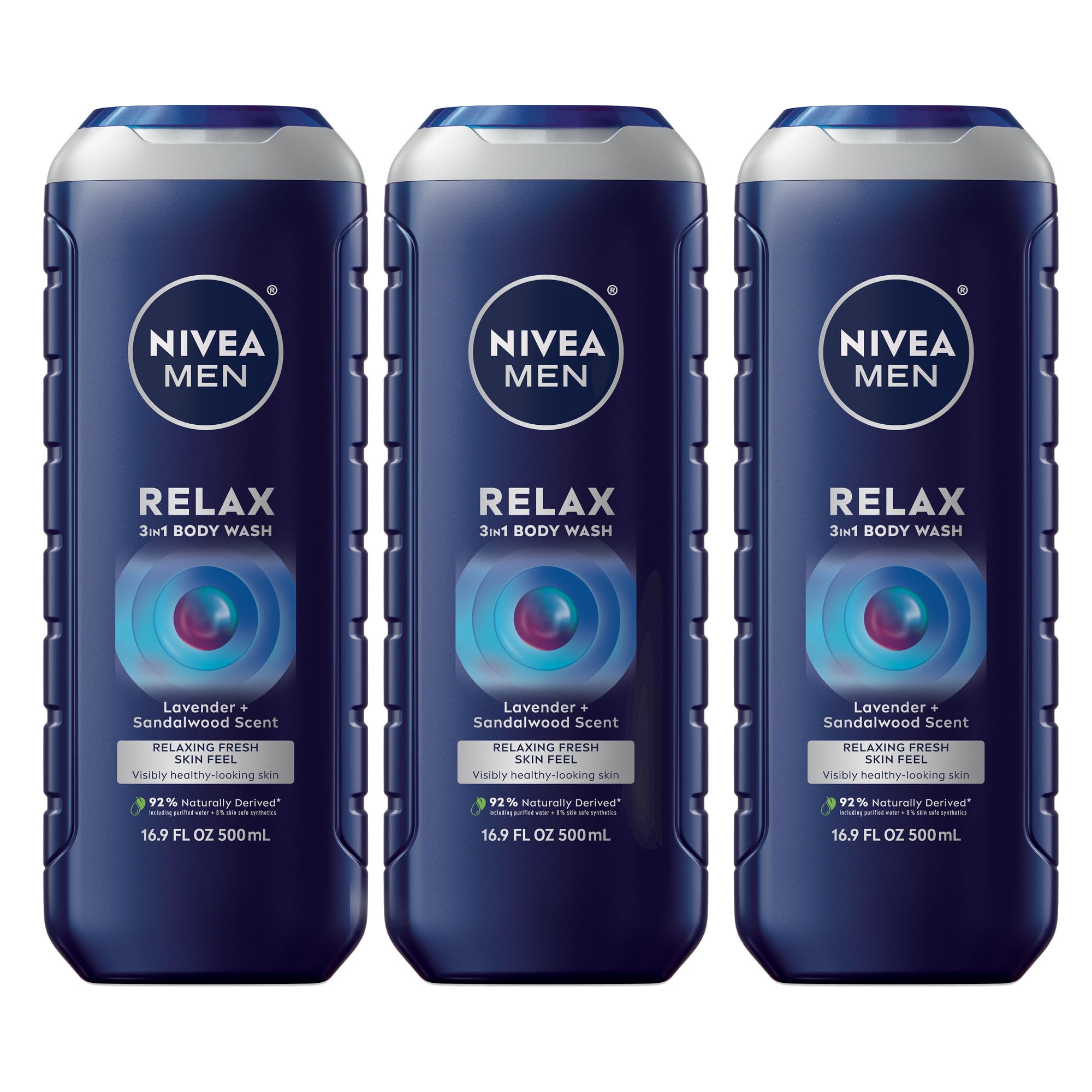 NIVEA MEN Relax bottle front with calming lavender and sandalwood scent for a soothing shower
