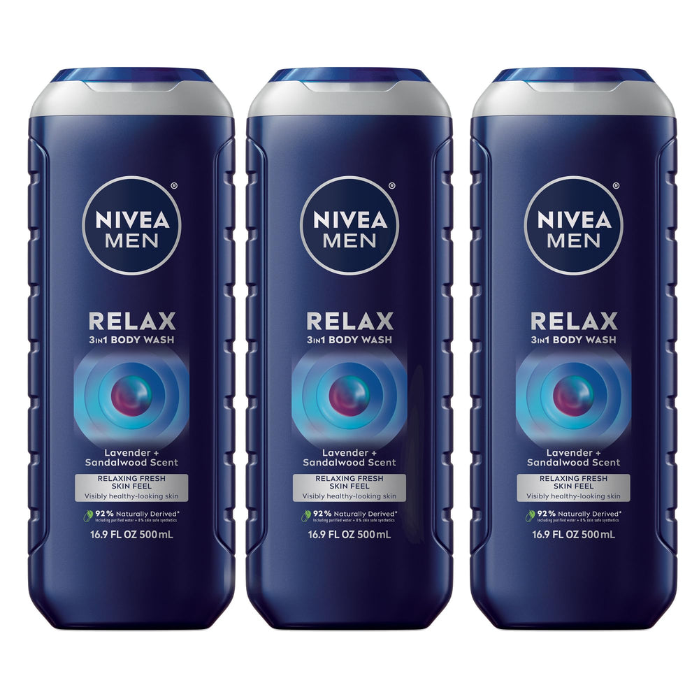 NIVEA MEN Relax bottle front with calming lavender and sandalwood scent for a soothing shower