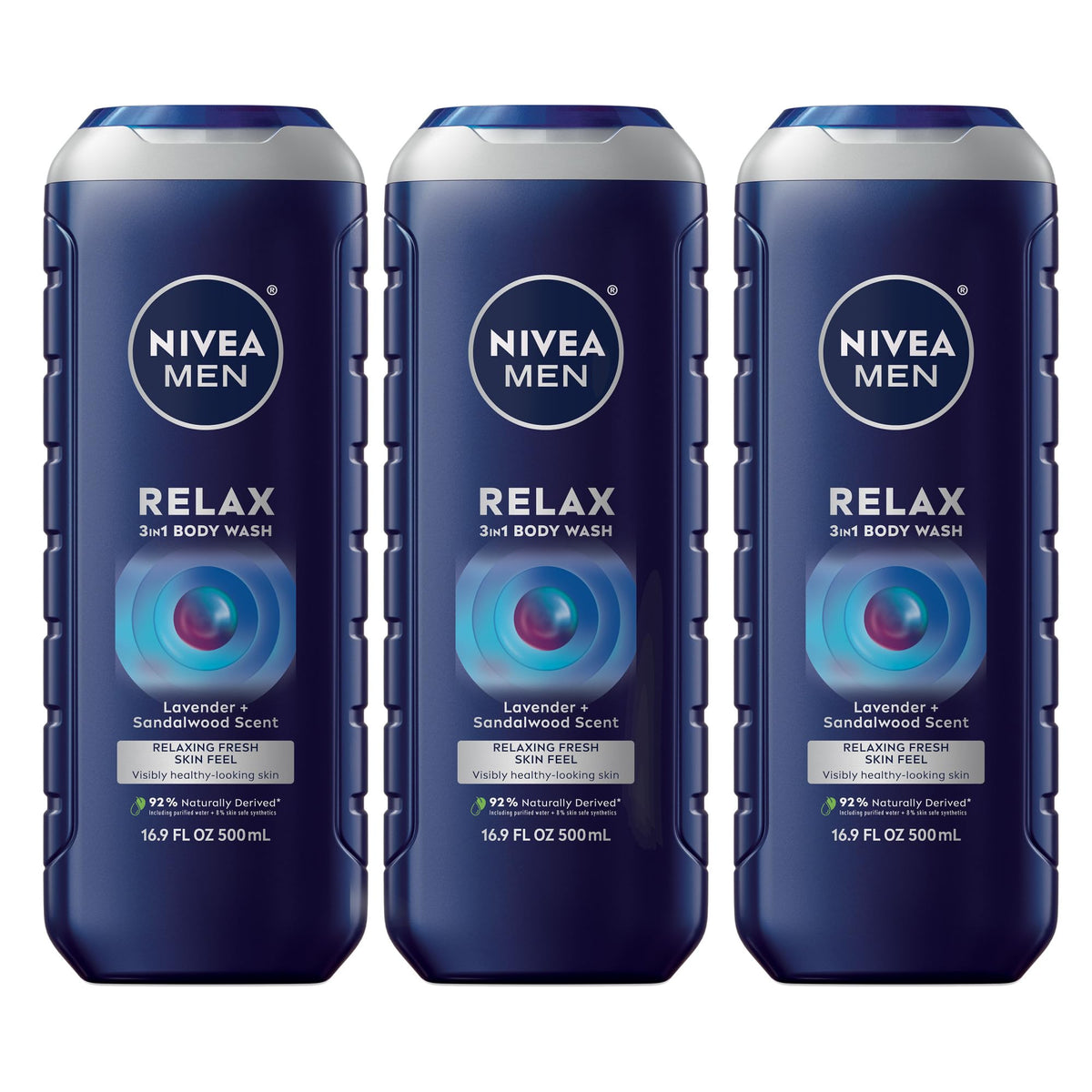 NIVEA MEN Relax bottle front with calming lavender and sandalwood scent for a soothing shower