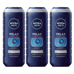 NIVEA MEN Relax bottle front with calming lavender and sandalwood scent for a soothing shower