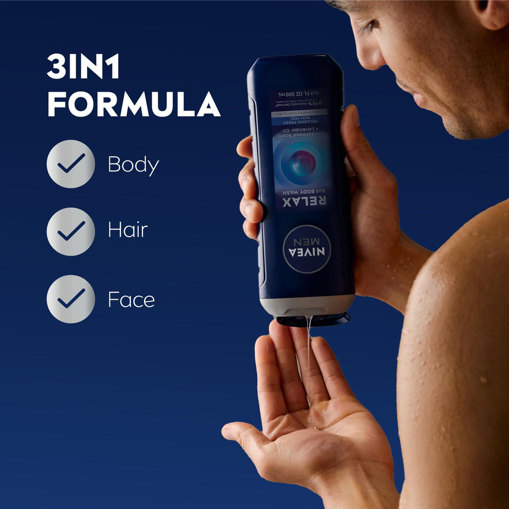 NIVEA MEN Relax bottle pour showing easy lather and 3 in 1 use