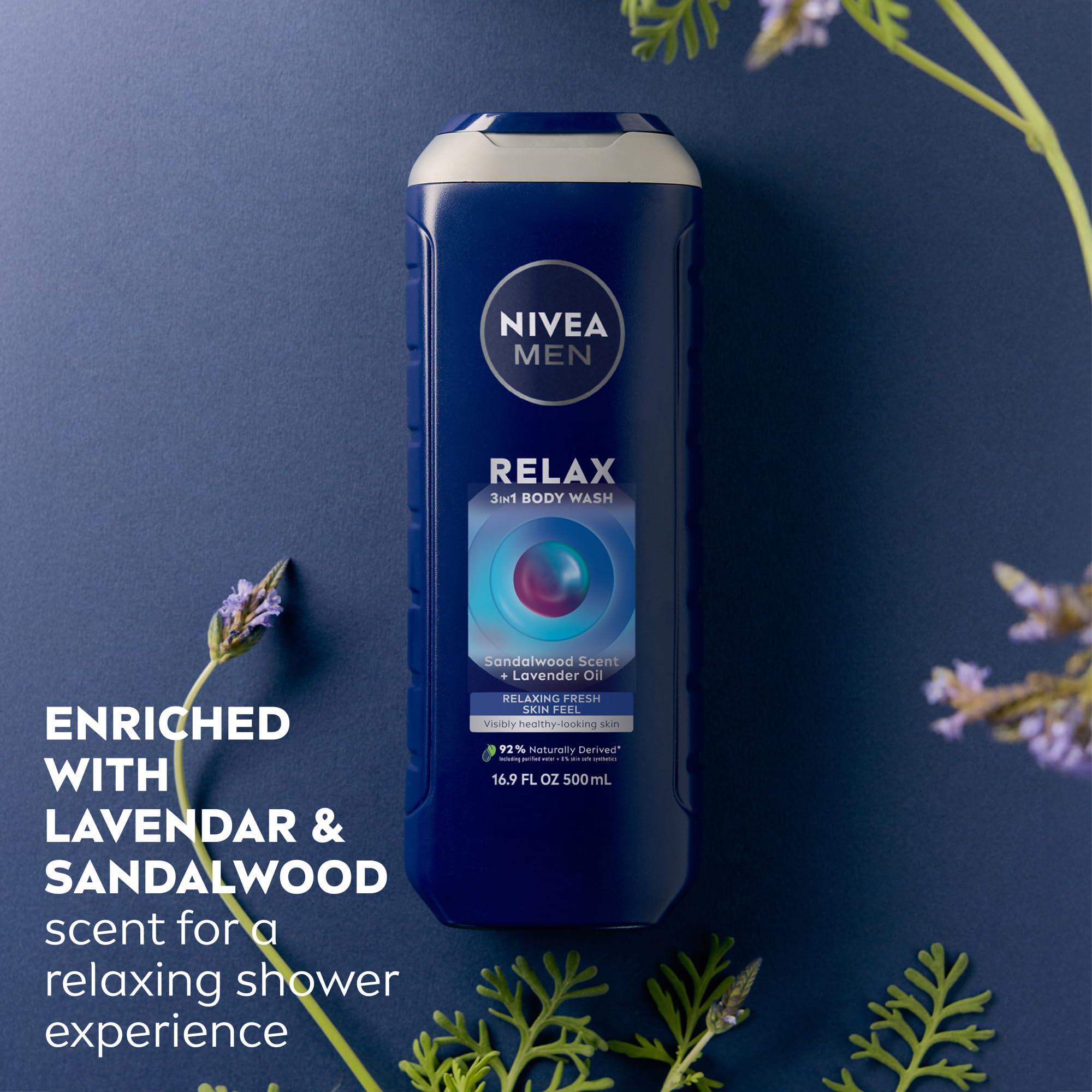 NIVEA MEN Relax lavender sandalwood label highlights vegan and paraben free formula
