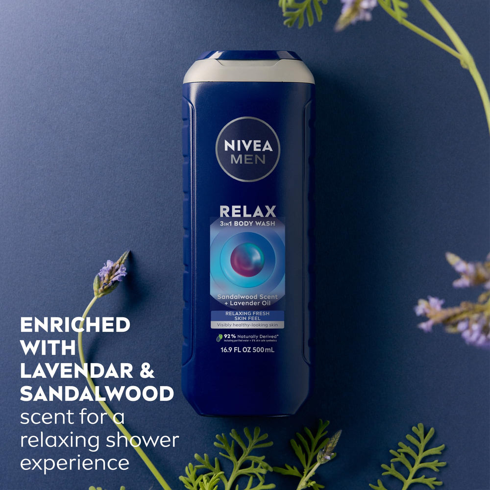 NIVEA MEN Relax lavender sandalwood label highlights vegan and paraben free formula