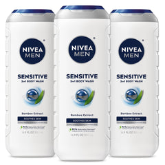 NIVEA MEN Sensitive Bamboo Extract bottle showcasing soothing formula for sensitive skin.