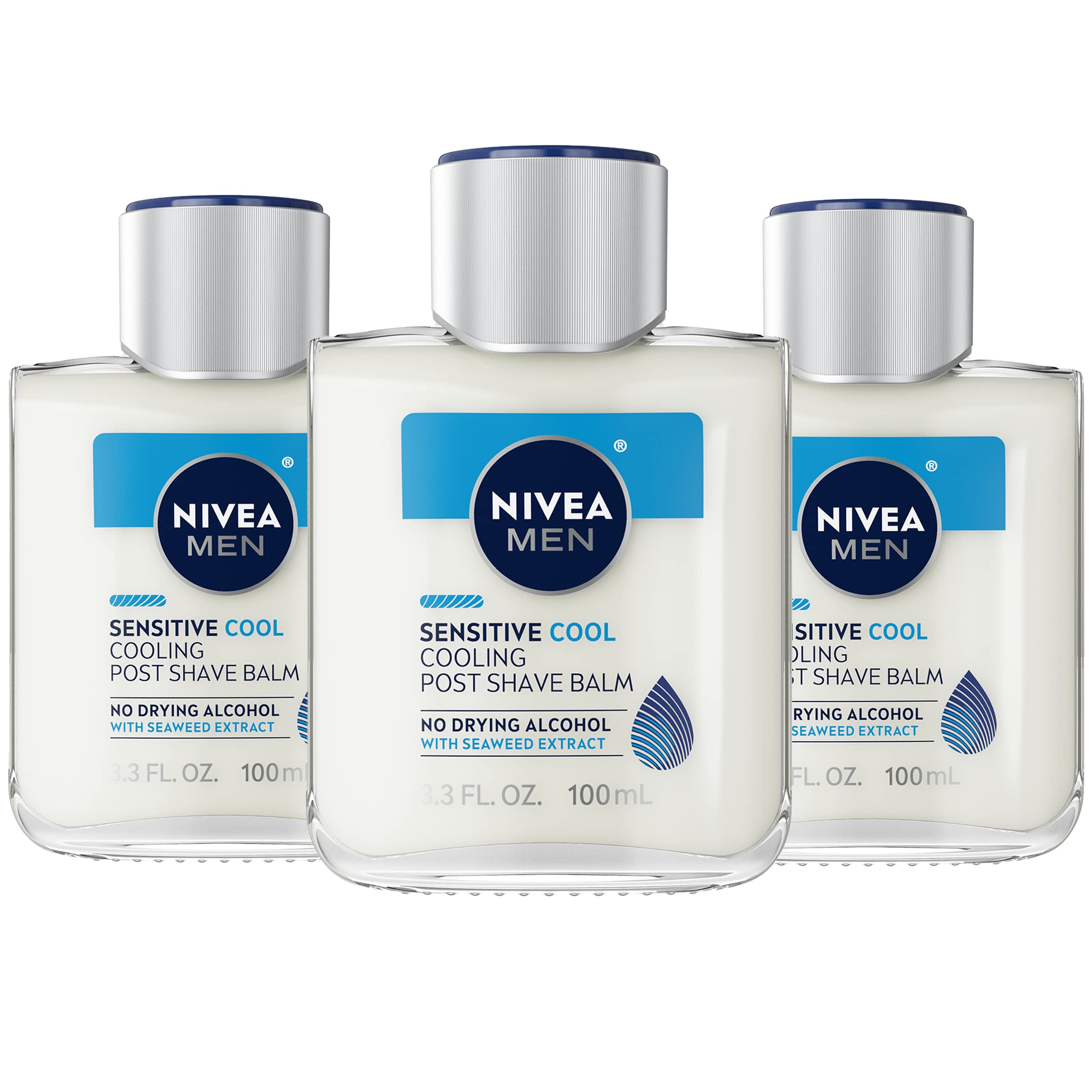 NIVEA MEN Sensitive Cooling Post Shave Balm bottle front shows cooling formula for after-shave relief