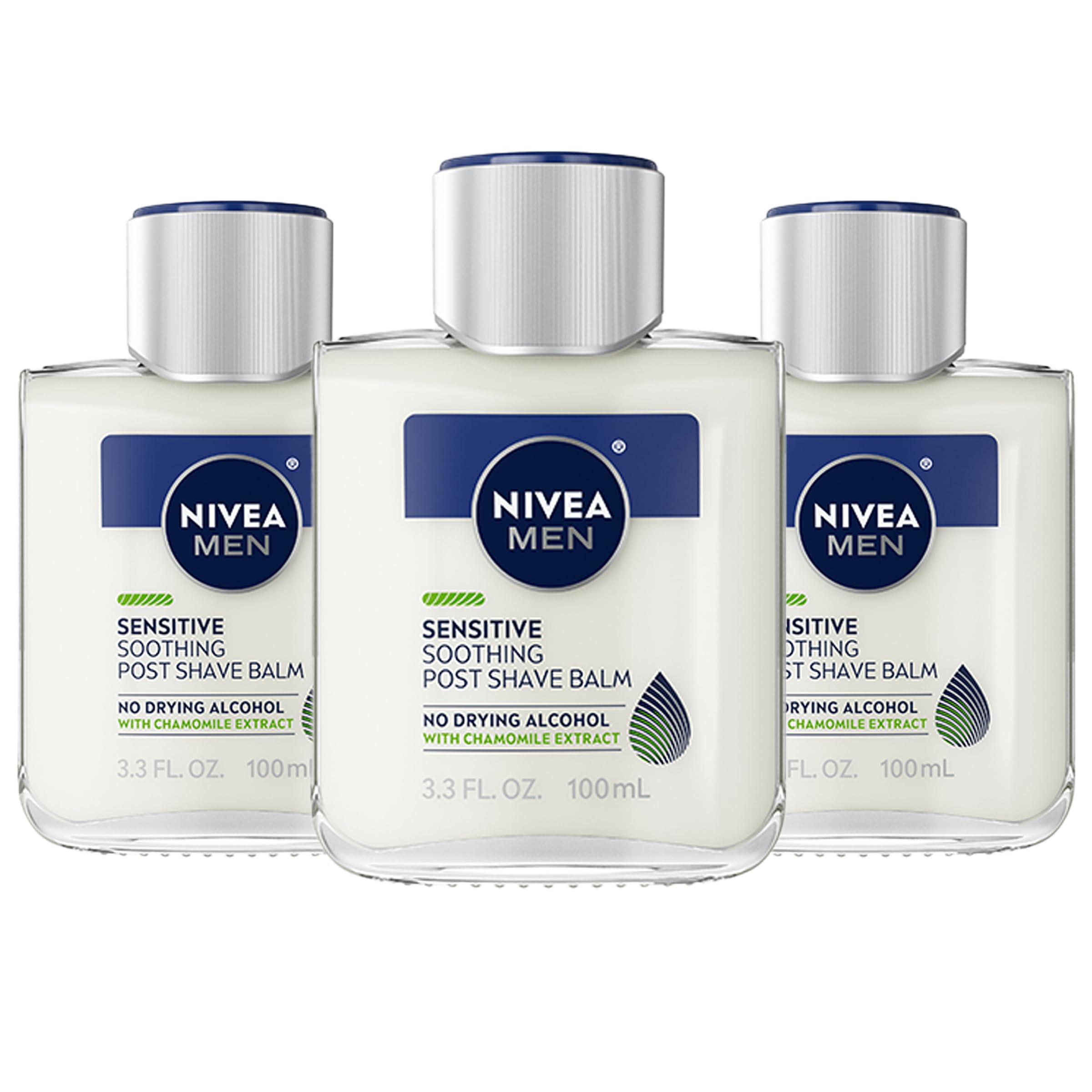 NIVEA MEN Sensitive Soothing Post Shave Balm bottle front, alcohol-free formula for sensitive skin.