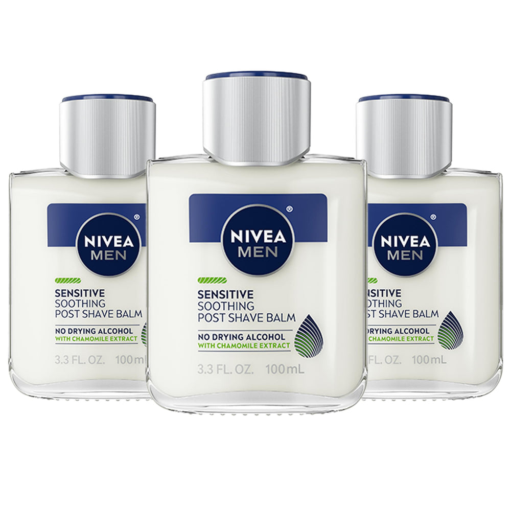 NIVEA MEN Sensitive Soothing Post Shave Balm bottle front, alcohol-free formula for sensitive skin.