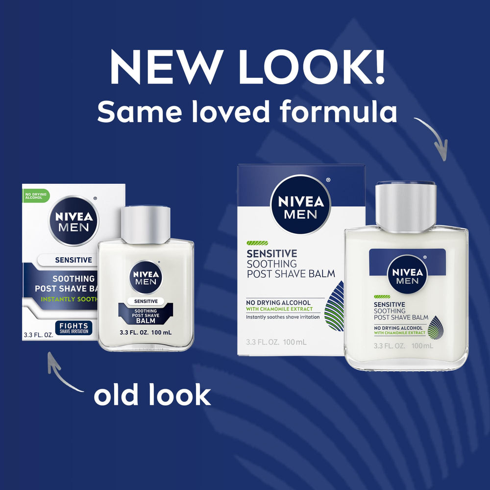 NIVEA MEN Sensitive Soothing Post Shave Balm being poured, quick-absorbing finish after shaving.