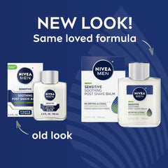 NIVEA MEN Sensitive Soothing Post Shave Balm being poured, quick-absorbing finish after shaving.