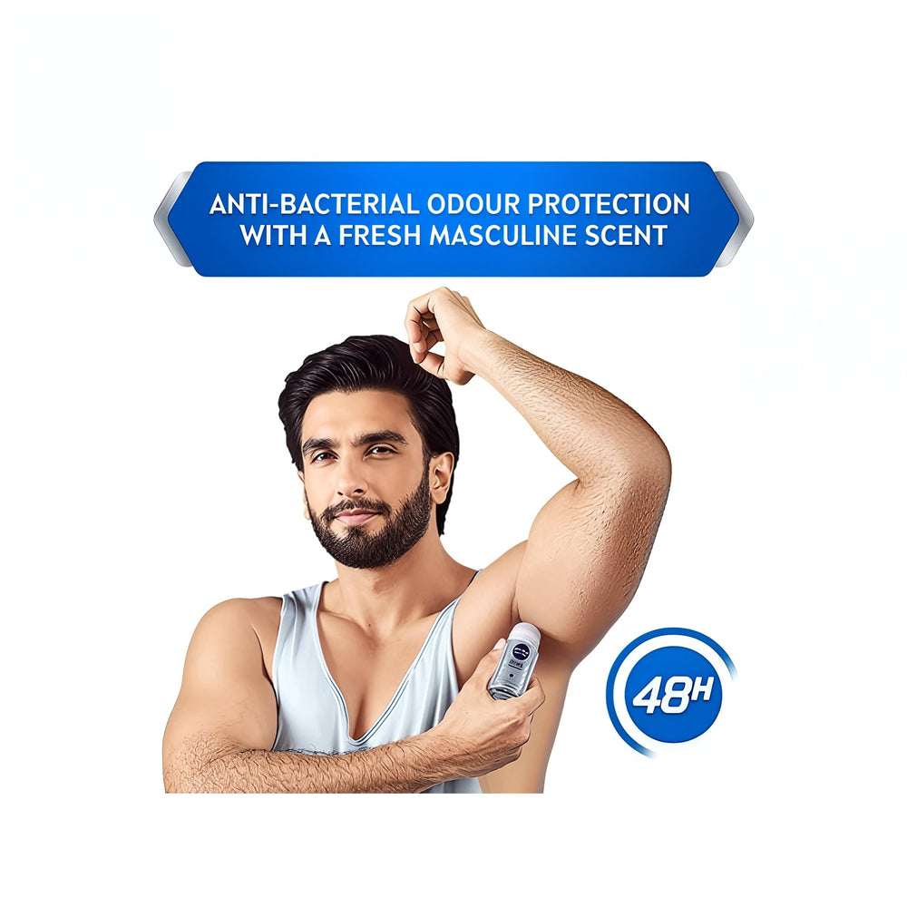 NIVEA Men Silver Protect roll-on in use demonstrates quick-dry formula for busy mornings