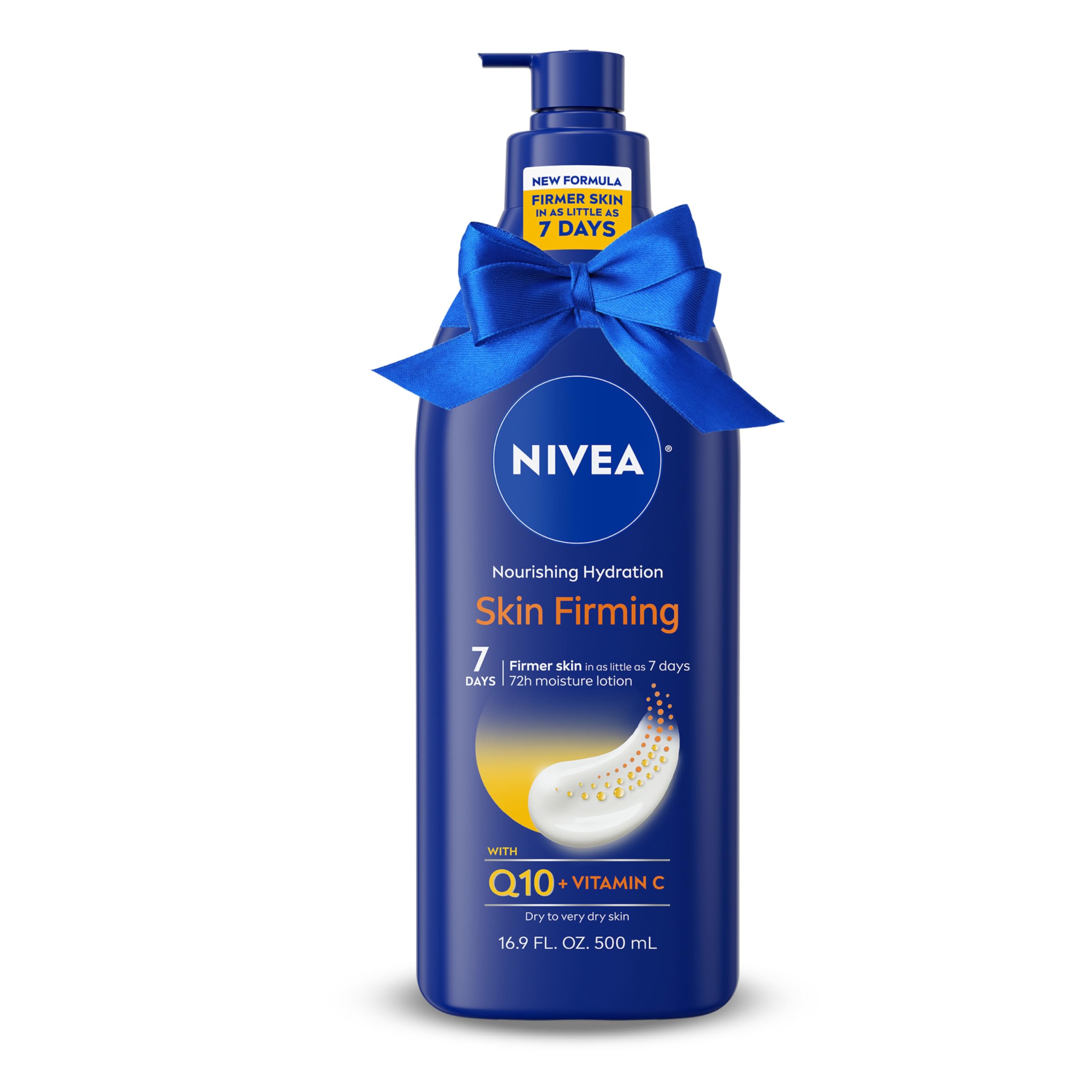NIVEA Nourishing Hydration skin firming lotion bottle pump showing pump for easy, long-lasting moisture