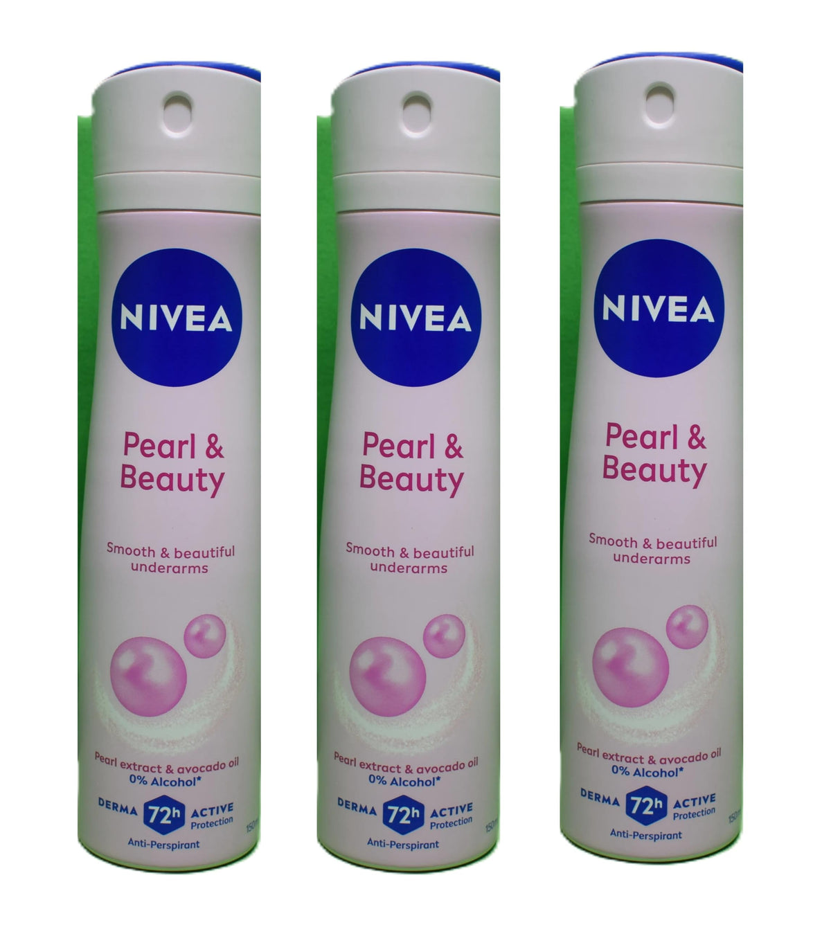 NIVEA Pearl Beauty antiperspirant spray for women — 150ml pack of three for daily freshness.