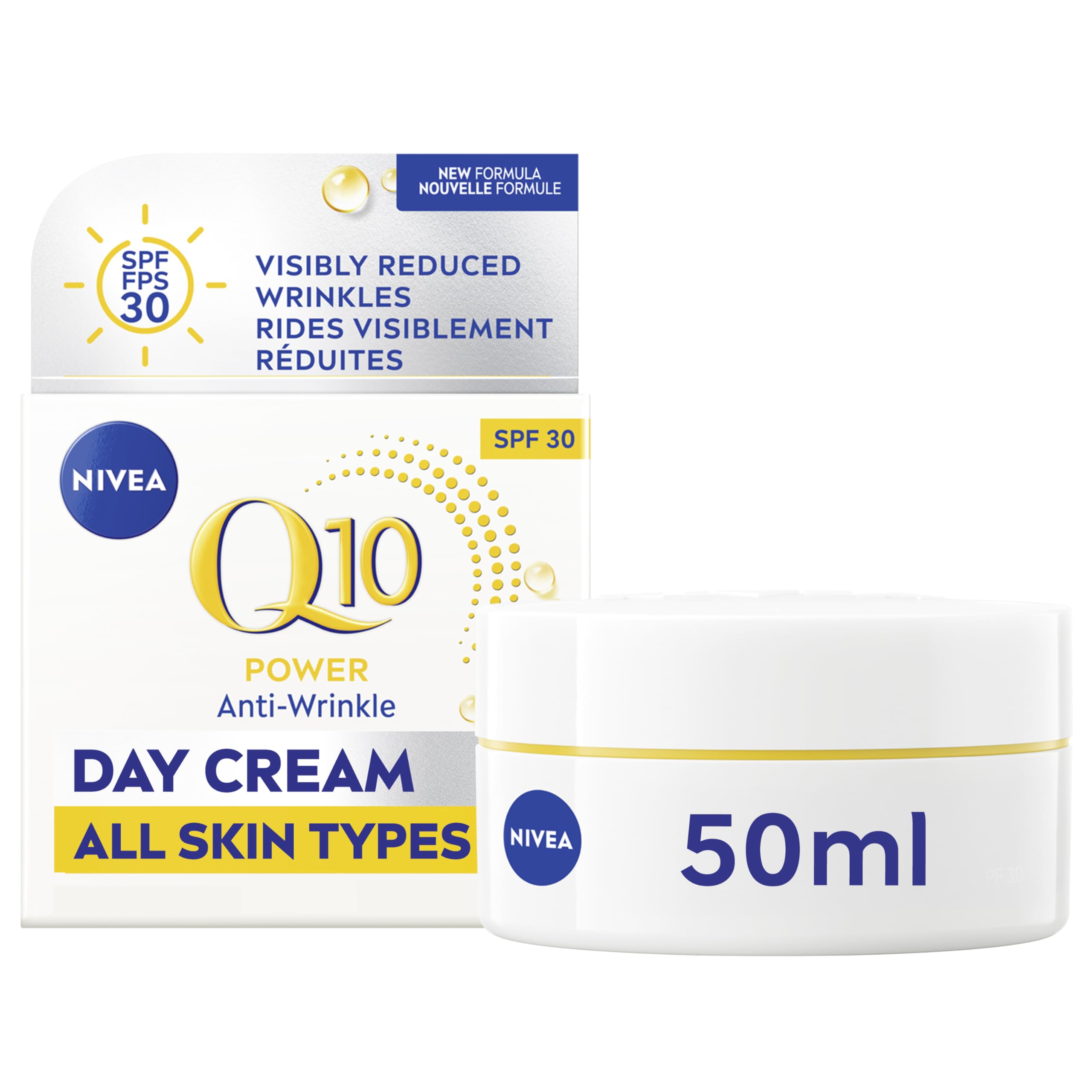 NIVEA Q10 Plus anti-wrinkle day cream bottle with SPF 30 offering daytime protection.