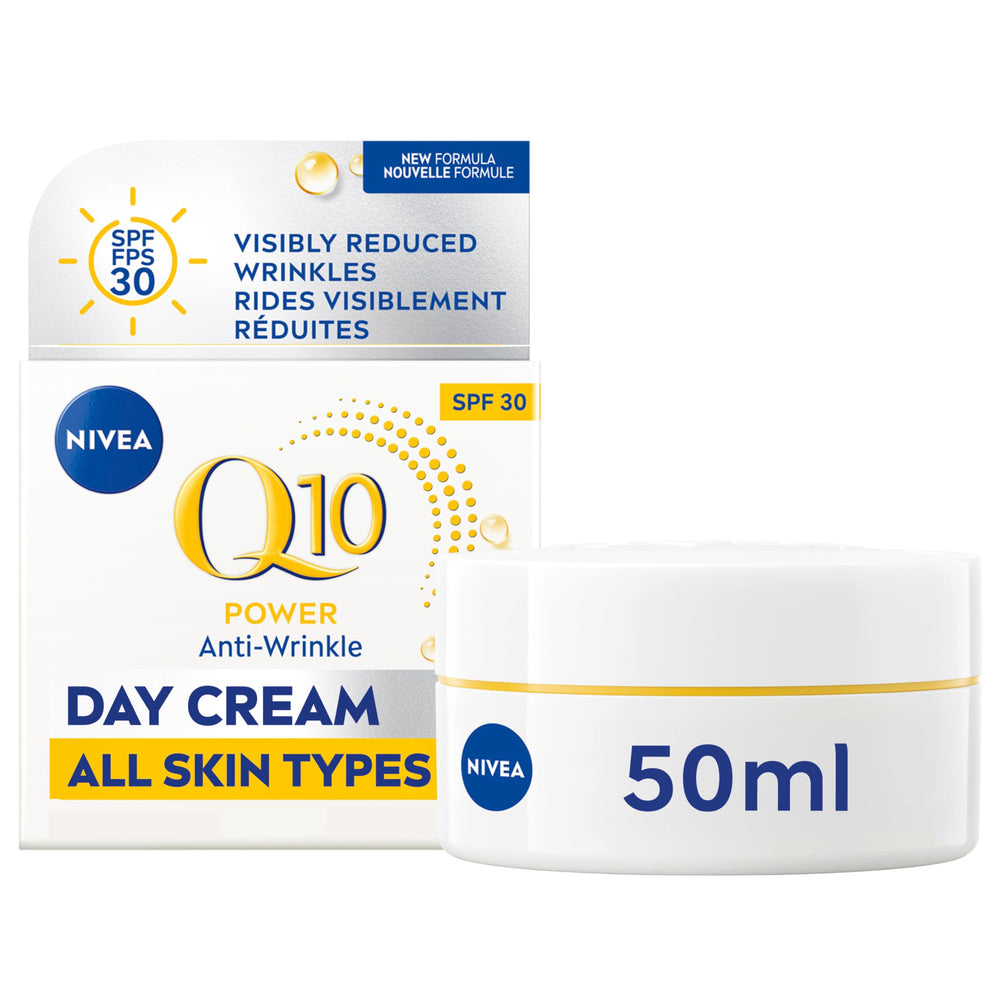 NIVEA Q10 Plus anti-wrinkle day cream bottle with SPF 30 offering daytime protection.