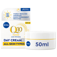 NIVEA Q10 Plus anti-wrinkle day cream bottle with SPF 30 offering daytime protection.