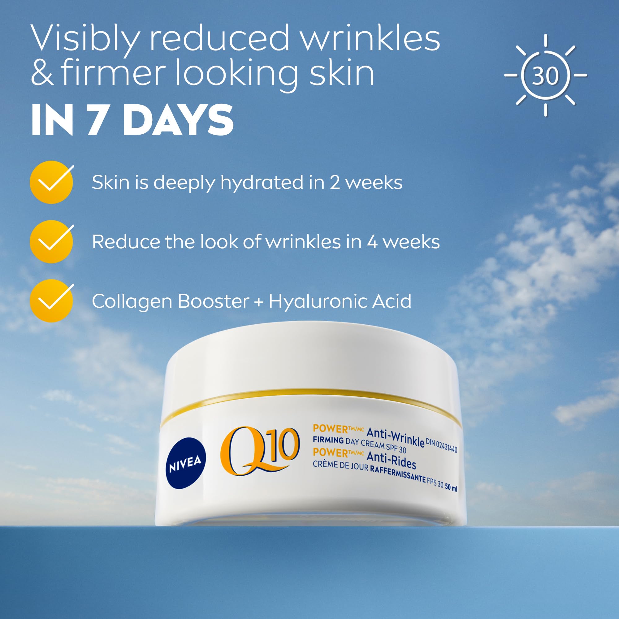 NIVEA Q10 Plus anti-wrinkle day cream label highlights SPF 30 protection for skin.