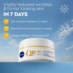 NIVEA Q10 Plus anti-wrinkle day cream label highlights SPF 30 protection for skin.
