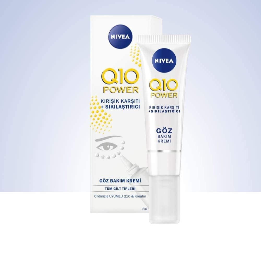 NIVEA Q10 Power Eye Cream packaging shot highlighting travel-friendly 15 ml size.