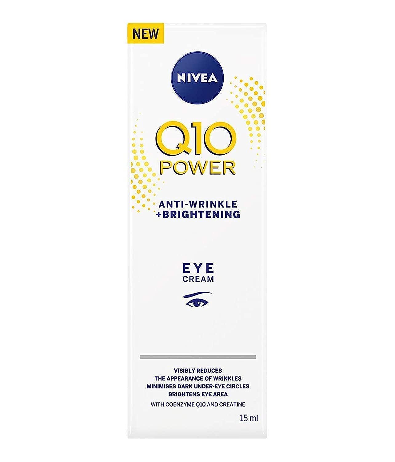 NIVEA Q10 Power Eye Cream tube close-up showing brightening and smoothing eye care.