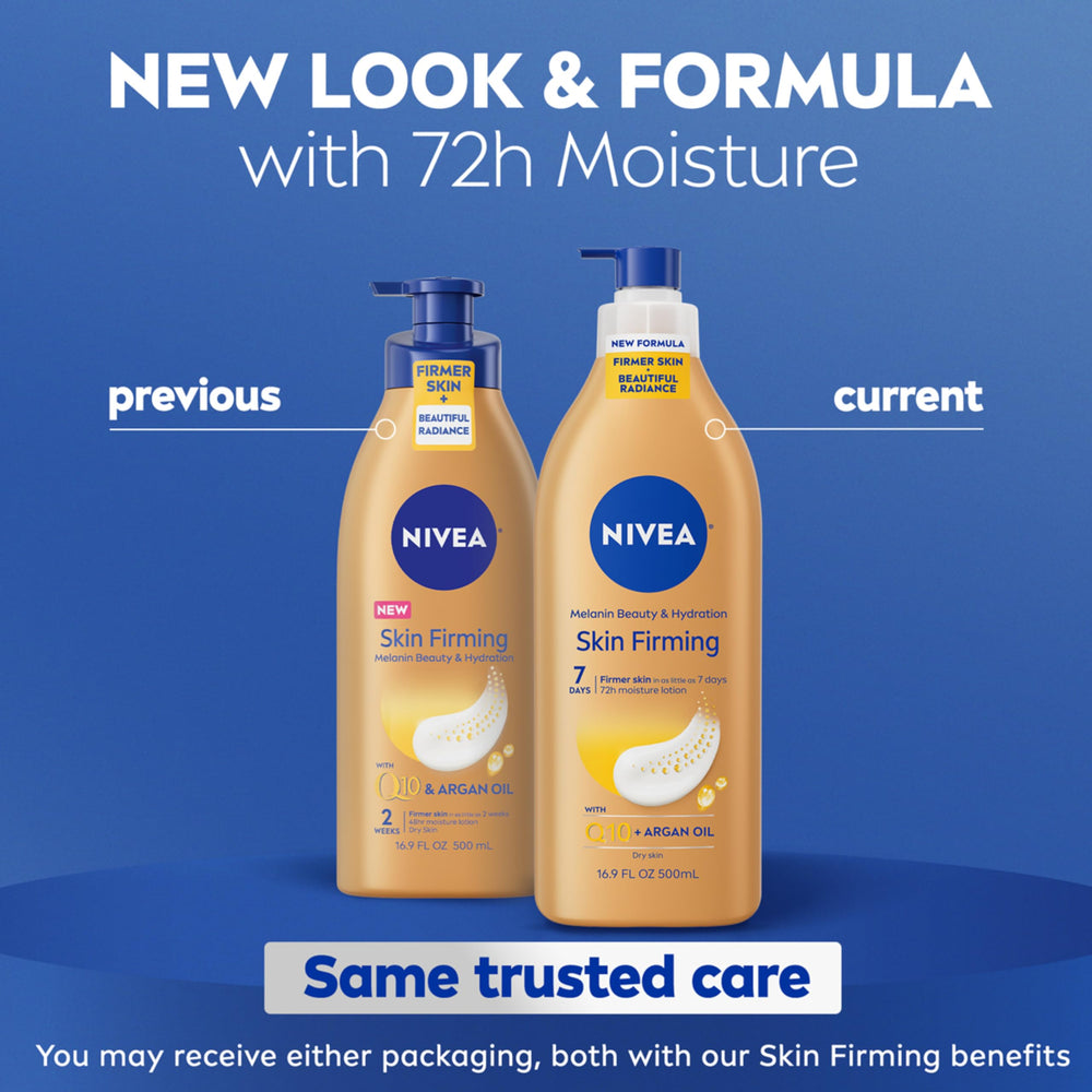 NIVEA Skin Firming Melanin Beauty bottle close-up highlights argan oil for nourished skin