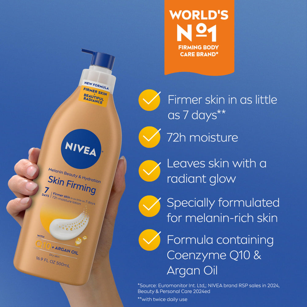 NIVEA Skin Firming Melanin Beauty lotion being spread across dry melanin skin