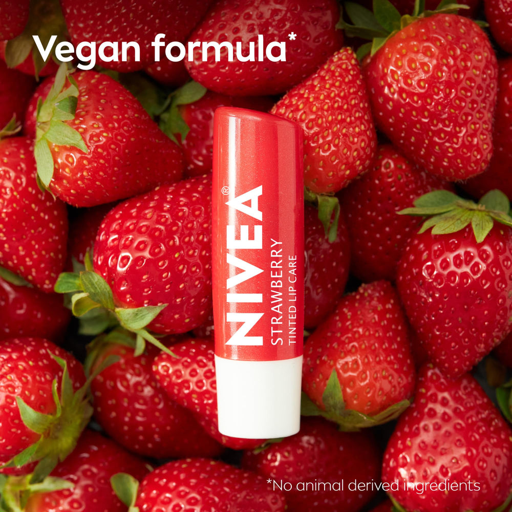 NIVEA strawberry lip care kept at desk or purse for quick uses