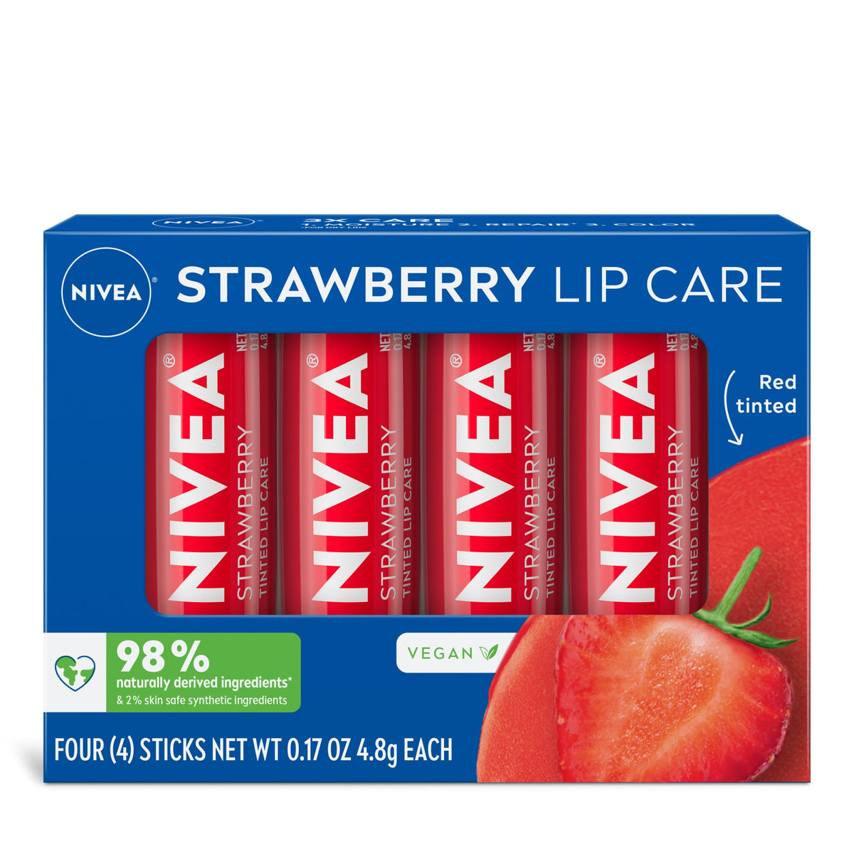 NIVEA strawberry lip care pack four sticks for on-the-go moisture