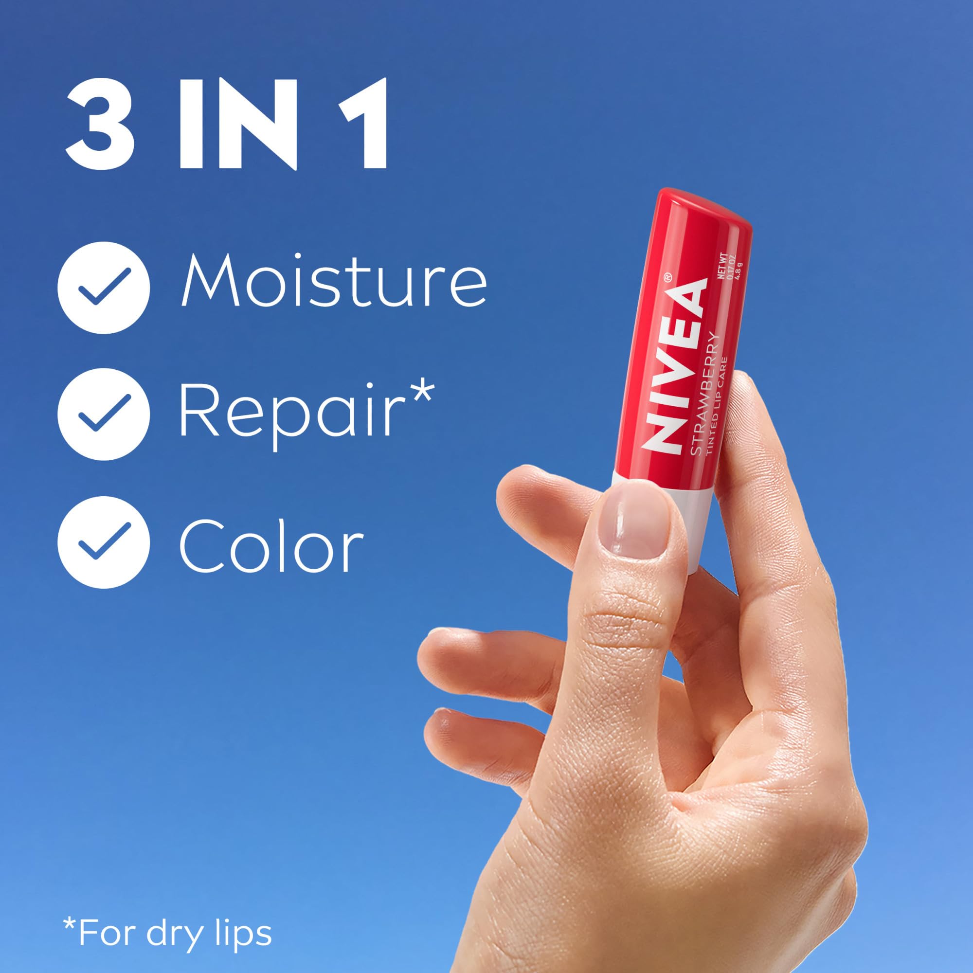NIVEA strawberry lip care stick closeup red tint