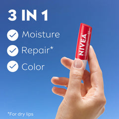 NIVEA strawberry lip care stick closeup red tint
