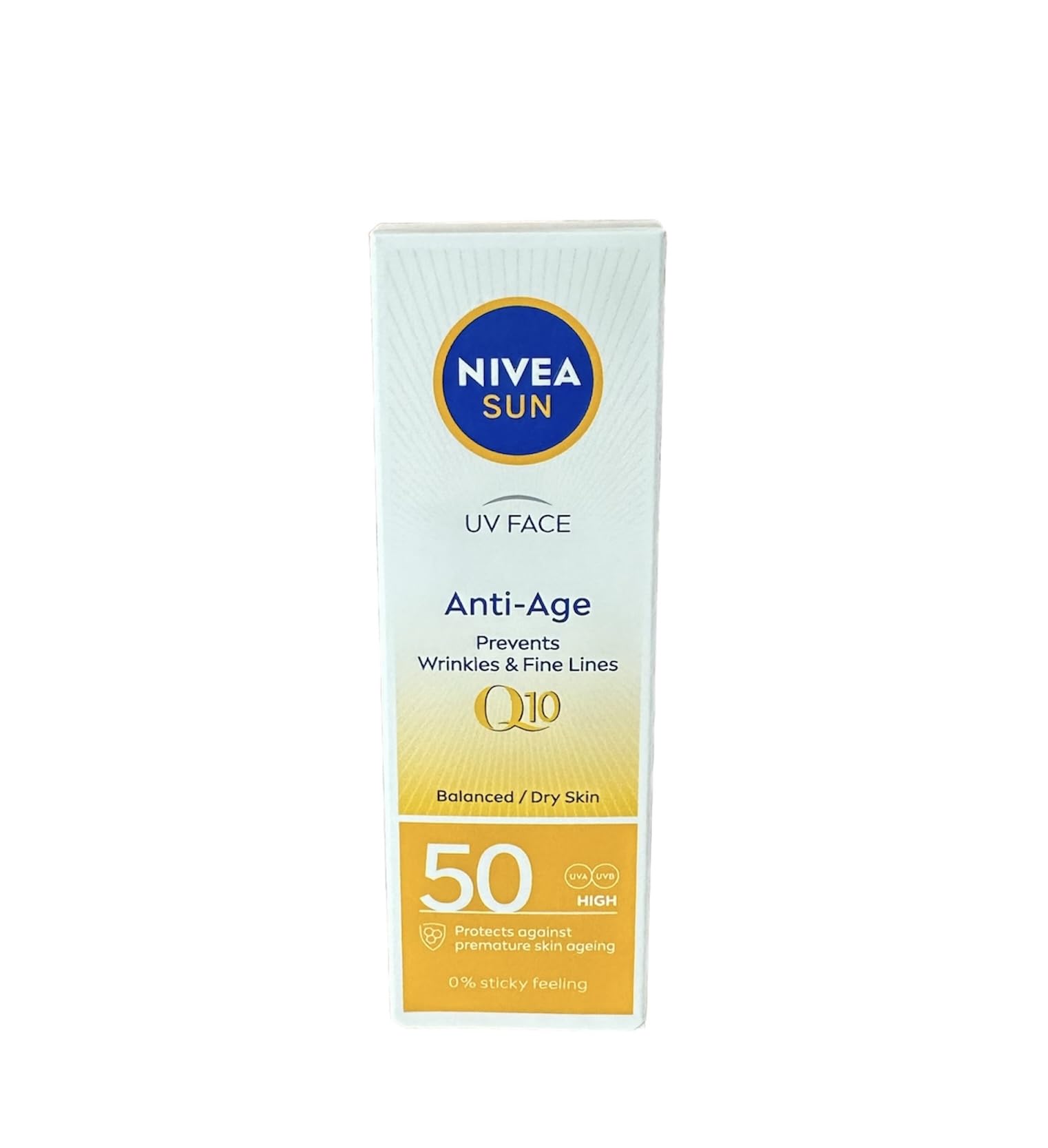 NIVEA Sun UV Face Q10 SPF50 bottle shows even skin tone support.