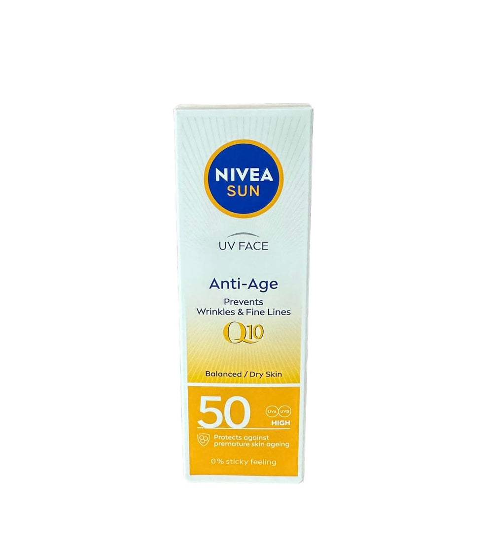 NIVEA Sun UV Face Q10 SPF50 bottle shows even skin tone support.