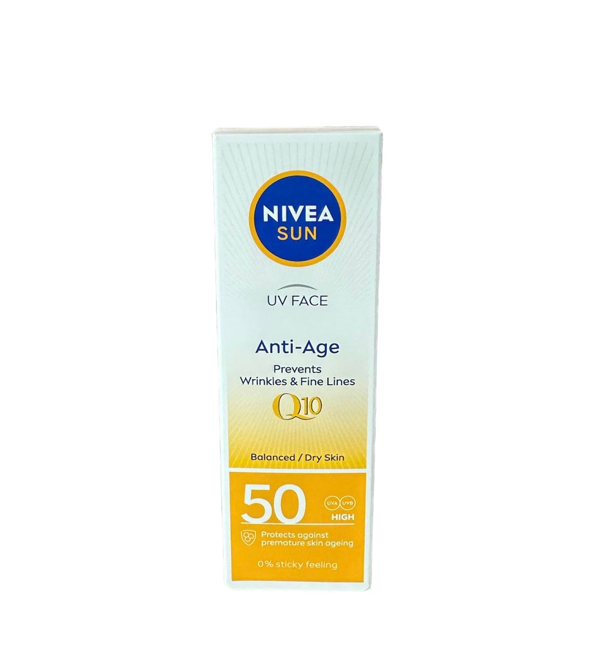 NIVEA Sun UV Face Q10 SPF50 packaging closeup for daily protection.