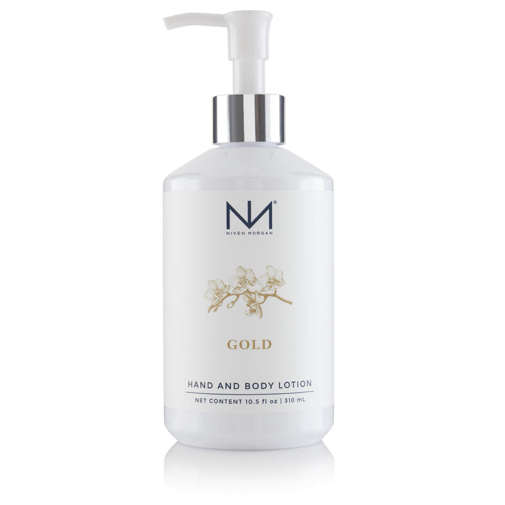 Niven Morgan Gold Hand and Body Lotion bottle front for daily hydration.