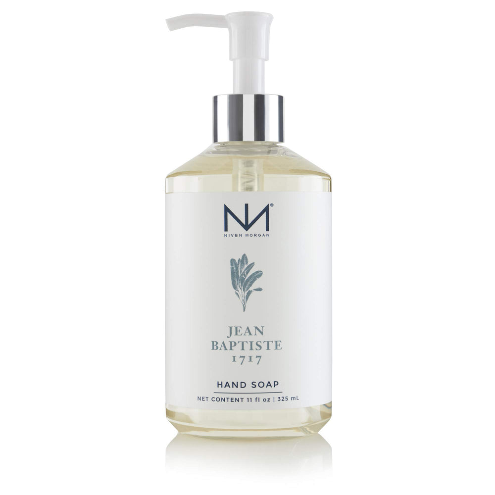 Niven Morgan New Orleans Jean Baptiste 1717 hand soap bottle highlighting moisturizing formula and luxury fragrance